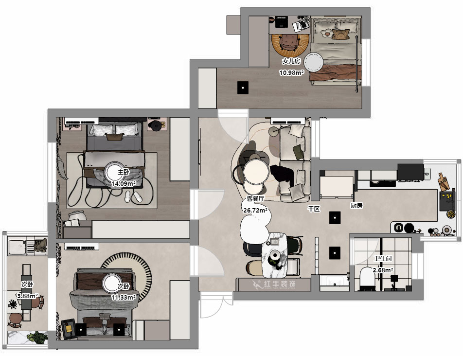 朱明琪｜明月新寓花园12-102-85㎡-现代简约风格｜3室1厅1卫｜老房改造｜定制家｜全包11万｜00_03平面彩图